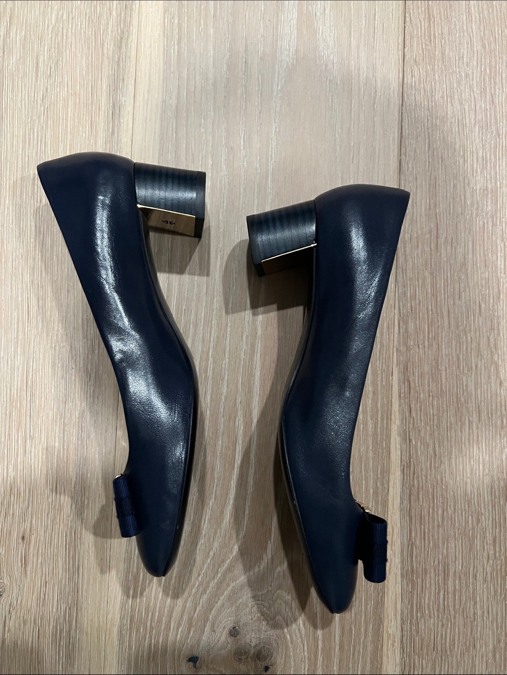 Tory Burch Navy Leather Ballet Flats with Gold Emblem - Picture 2 of 5